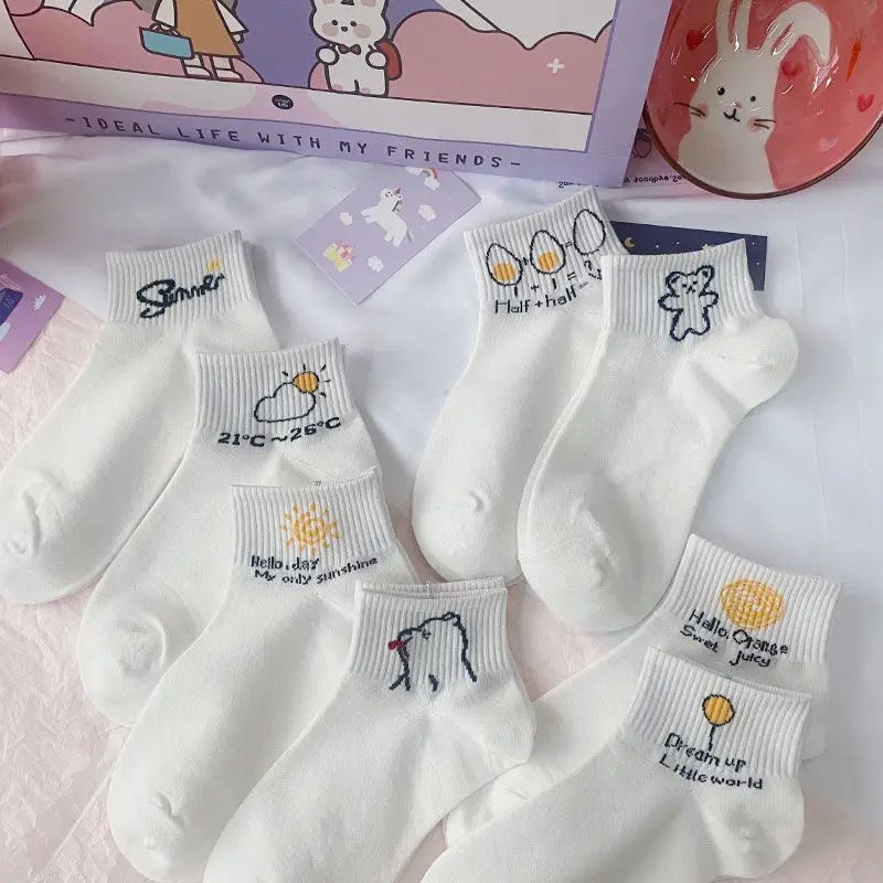 

Sfree 5Pairs White Socks Female Socks Shallow Mouth Ins Tide Summer Thin Section Korean Cute Cartoon Japanese Low-Cut Student