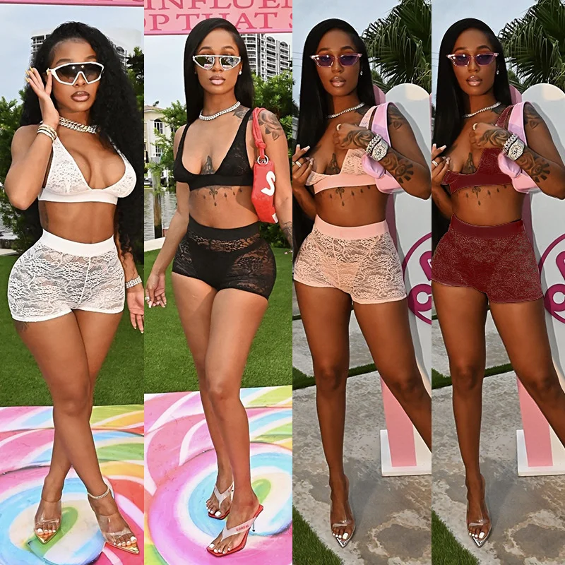 

Zoctuo Nightclub Set Women's Shorts And Top Low Breast Lace Perspective Shorts Sets Sexy Bodycon Underwear Two-piece Set