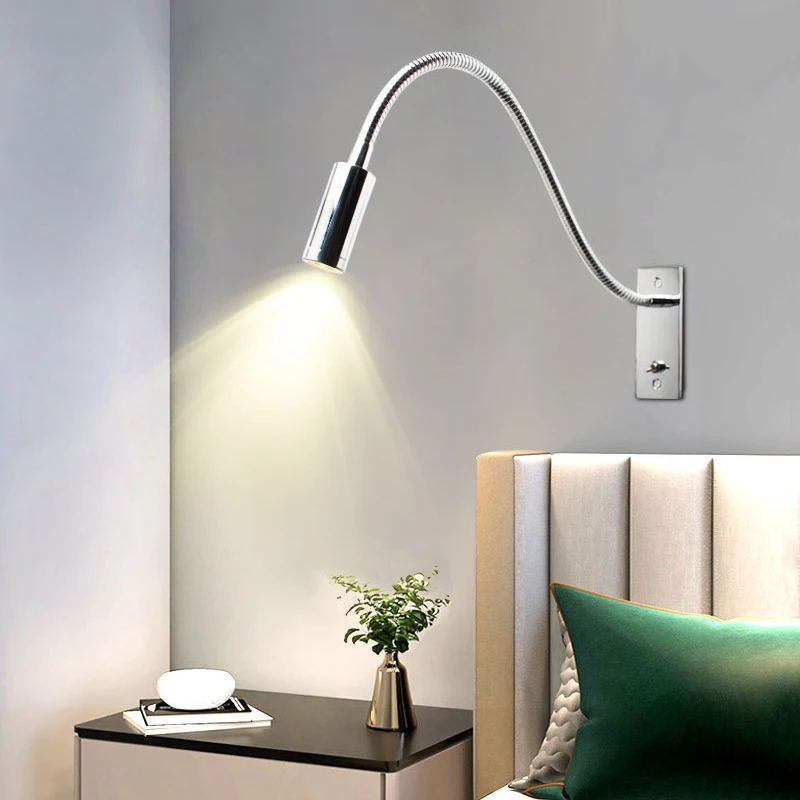 Flexible Pipe 3W LED Wall Light Fixture Bedside Reading Lamp Switch Flush Mounted Gooseneck Spotlight Bedroom Aluminum 4000K