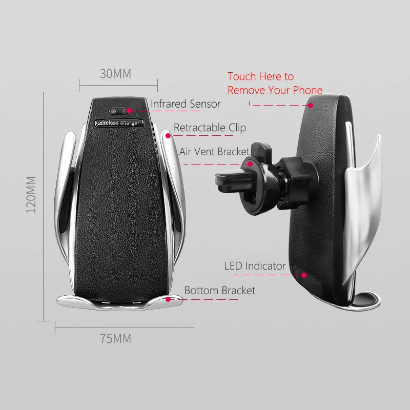 Беспроводное автомобильное зарядное устройство для iPhone Samsung Huawei Smart Auto Clamp 10 Вт Qi