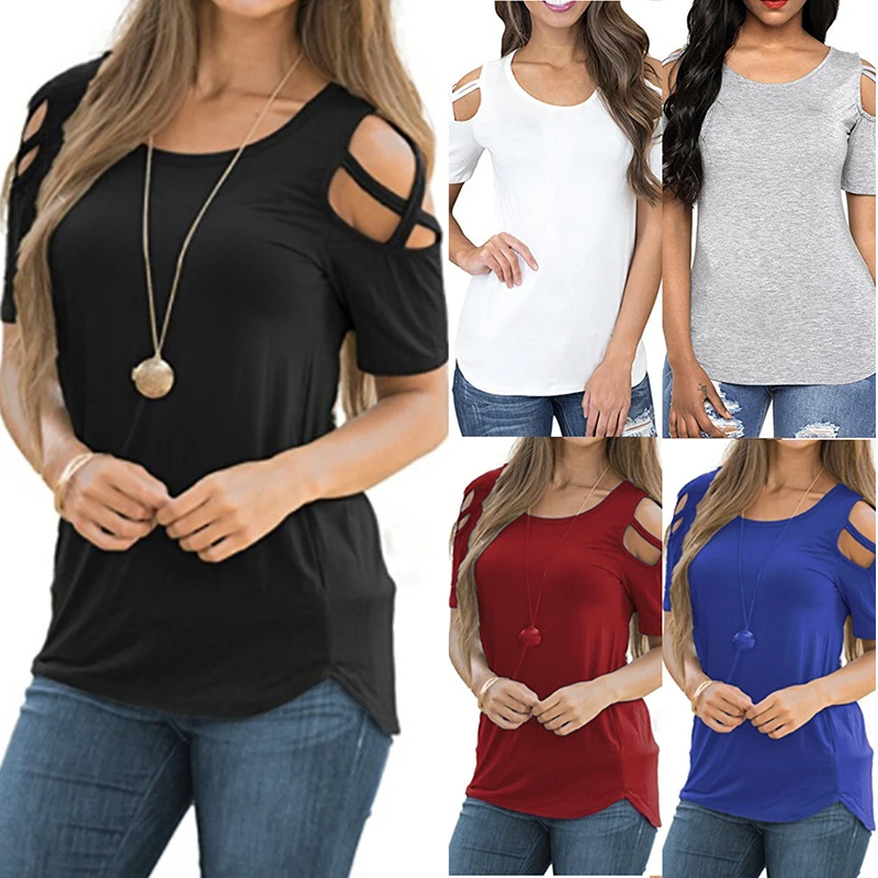 

Top Women's t-shirts summer traf solid color commuter round neck top stitching strapless short sleeve woman tshirts 72