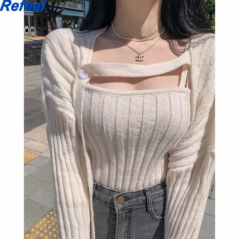 

Cropped Pullover Women Fashion Button Sweater Clothes Set Loose Casual Chic Sueter Cardigan Coat+ Sexy Sling Vest Knit Suit