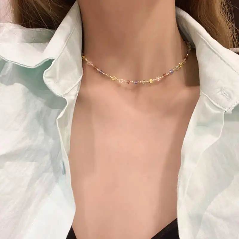 

New Fashion Jewelry Hip Hop Fashion Color Women's Simple Crystal Clavicle Chain Cool Design Wedding Necklace for Women Girls