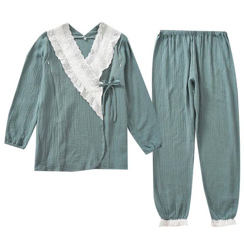 

Ensembles De Pyjama Stitching Lace-up Ruffled Feet Fresh and Lovely Lace Pajamas Cardigan Cotton Long-sleeved Trousers Suit