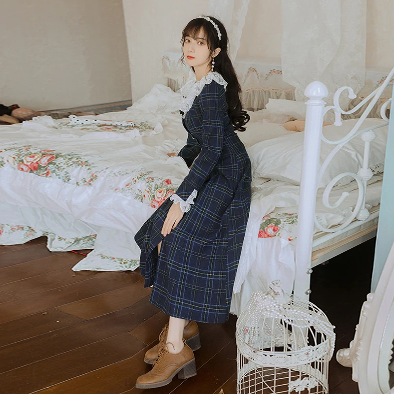 2019 Новая мода Женская одежда с длинным рукавом осень и зима клетчатое платье для