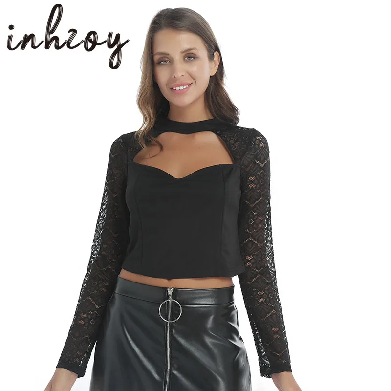 

Vintage Casual Short Tops Women E Girl Goth T-Shirts Black Lace Long Sleeve Tee Shirt Elegant Ladies Zipper Sexy Gothic Tops