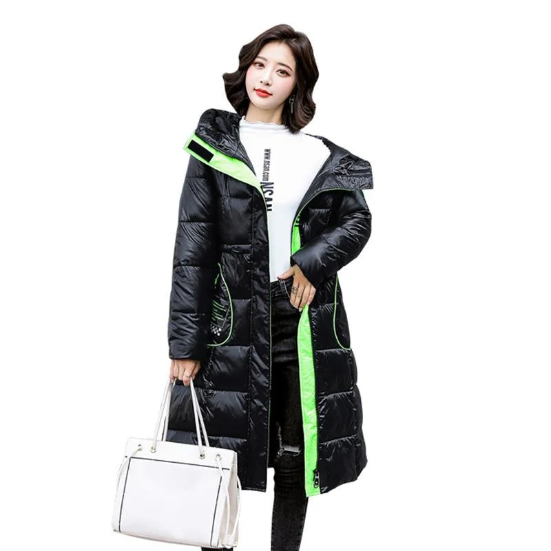 

Fashion Winter Women's Long Glossy Over-the-knee Down Jackets Hooded Coat Parkas Thick Winter Jacket Women Outwear