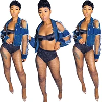 european and american sexy womens solid color ripped off shoulder short denim jacket