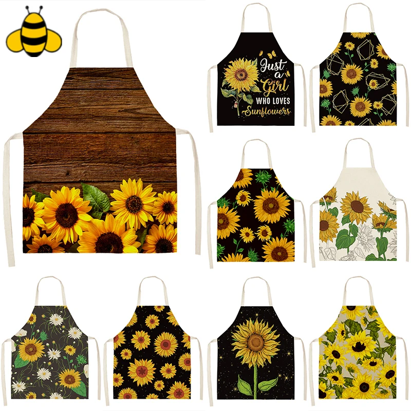 

Sunflower Pattern Cleaning Art Green Aprons Home Cooking Waist Bib Cotton Linen Funny Pinafore Cleaning Tools Baking Accessories