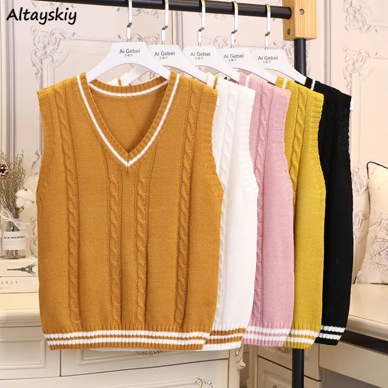 

Sweater Vest Women Preppy Style Loose Knitting V-neck All-match Students Popular Autumn New Fashion Simple Cozy Panelled Tender