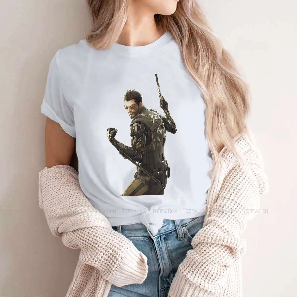 

Футболка с круглым вырезом Adam Jensen, Классическая футболка с надписью Deus Ex Human Revolution, осенняя игровая ткань, женские топы, большой размер, новый...