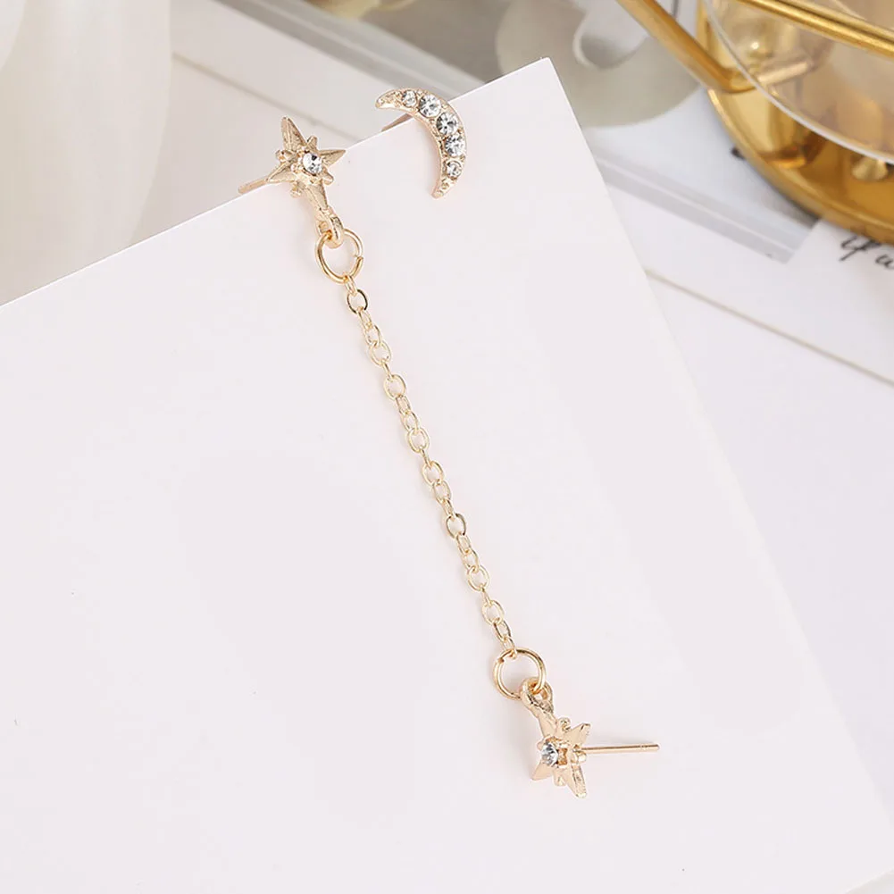 2Pcs/Set Rhinestone Moon Star Chain Stud Earrings 3 Ear Holes Gold Colors Women Earring Set 2020 Party Jewelry | Украшения и
