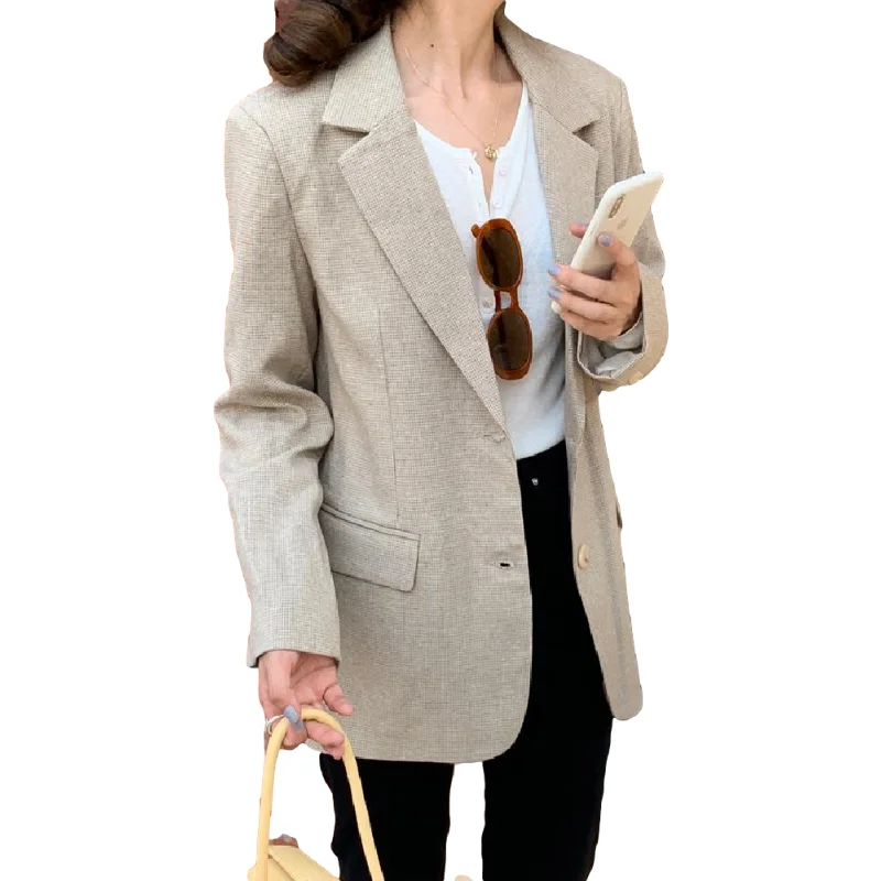 

New Suits Female Vintage Autumn Notched Collar Plaid Women Blazer Breasted Jacket Casual Pockets Womens Suits Coat Blazers Suits
