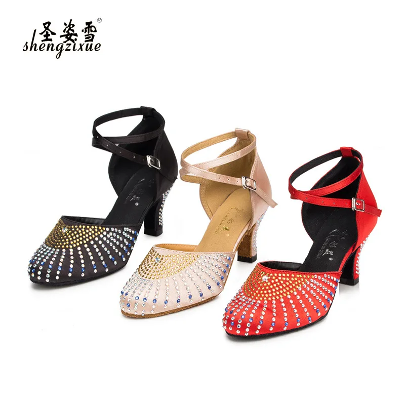 WUXIJIAO Women Party Dance Shoes Satin Shining rhinestones Soft Bottom Latin Dance Shoes Woman Salsa Dance Shoes heel 6CM-8.5CM