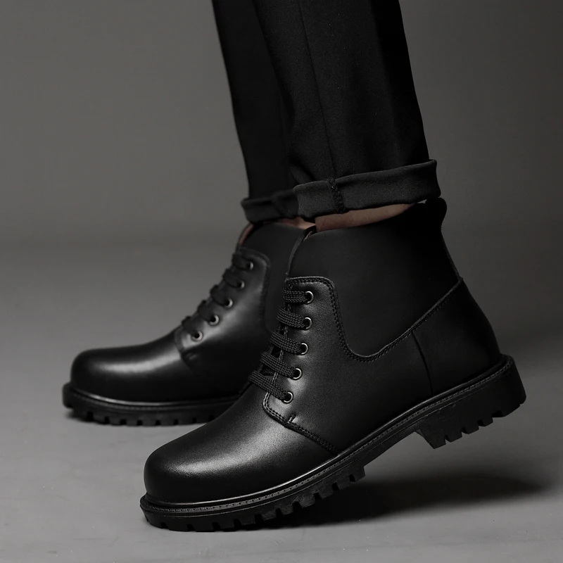 

Boots Men Genuine Leather Brand Martin Boots with fur warm Snow Boots Sneakers lace up Winter Warm Comfortable Shoes big size 47