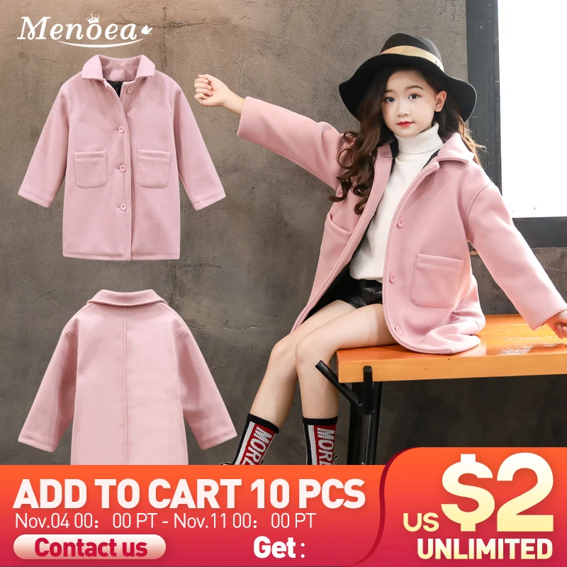 Menoea для девушек осень шерстяная одежда большой Girl Pocket сплошной Цвет длинное пальто Детская Зимняя шерстяная одежда, верхняя одежда, пальто