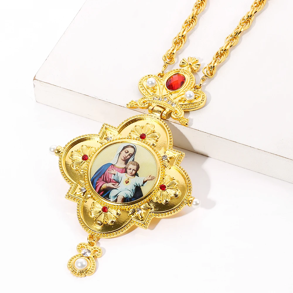 Virgin Mary Jesus Pectoral Cross Orthodox Crucifix Long Pendants Gold Religious Pastor Prayer Jewelry |