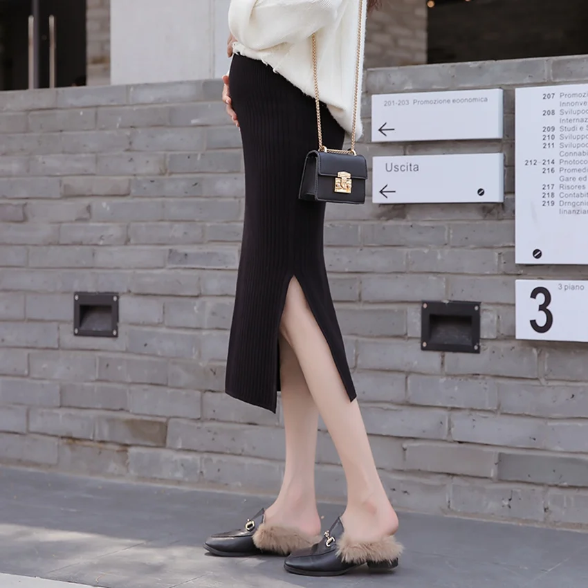 Одежда для беременных трикотажная юбка до середины икры осень-зима живот