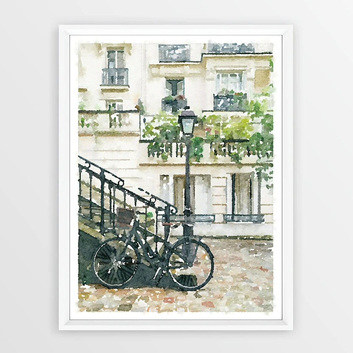

Paris France Street Building Scene with Bicycle, Watercolor , Fine Art Paris Print Photography, French Wall Decor Art Poster