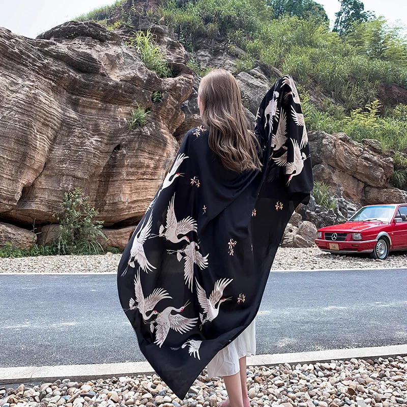 

2021 New Japanese Yukata Kimono Haori Female Red-Crowned Crane Traditional Japanese Kimonos Beach Shawl Boho Yukata Women