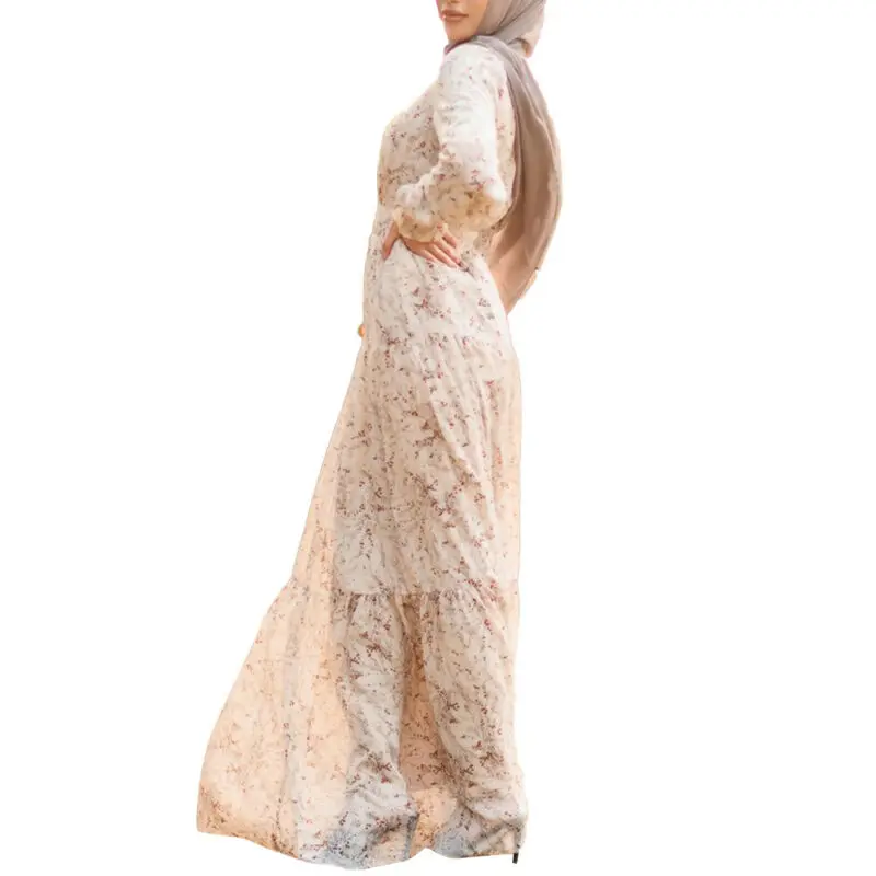 

Abaya Turkey Woman Floral High Waist Long Sleeve Muslim Abayas for Women Maxi Kaftan Dress Arabic Robe Muslim Dress