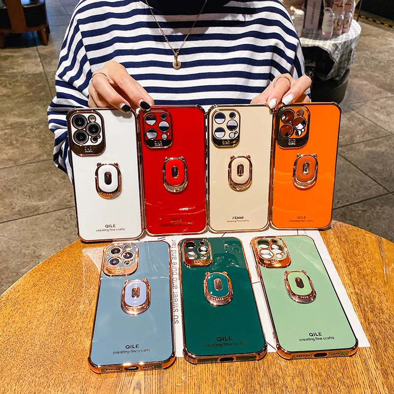 

Luxury Cute Plating Silicone Ring Bracket Phone Case For iPhone 12 11 Pro XS max XR X 8 7 Plus Ultra-thin Shockproof Stand Cover