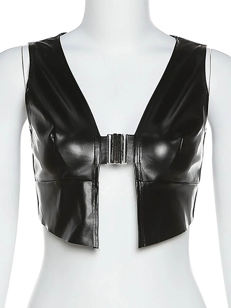 

NANXI Fashion PU Leather Shiny Wetlook Crop Tops for Womens Femme V-Neck Snap Tank Top Latex Clubwear Moto Pole Party Clubwear