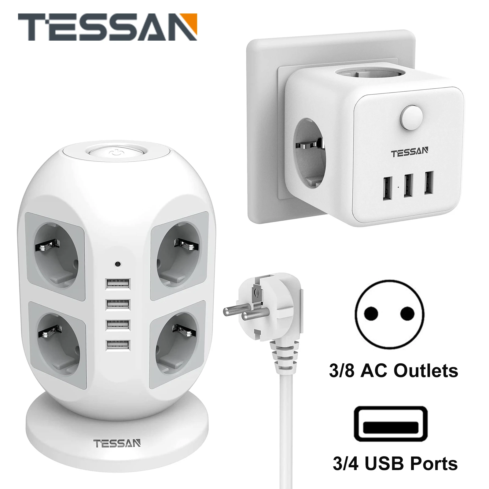 

TESSAN White 8-Way Sockets Tower Power Strip with 4 USB Ports (3.1A) Double Switch & 2M Cable EU Smart Plug Power Strip for Home