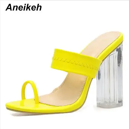 Yellow Aneikeh/ Новинка в классическом стиле для досуга, женские тапочки на платформе с открытым носком квадратное чистое стекло обувь на высоком каблуке на каждый день красный желтый размеры 35–42 - Цвет: Yellow