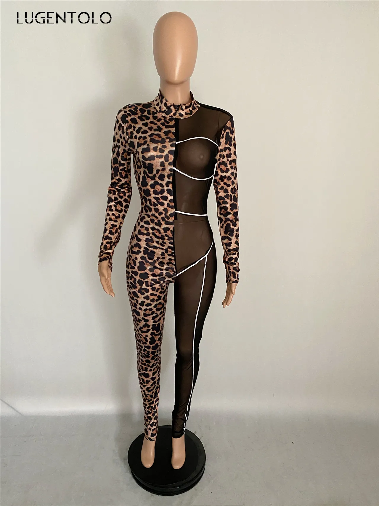 

Lugentolo Women's Jumpsuit Sexy Tight Printing Mesh Zipper Slim Splicing Long Sleeve Female Jumpsuits