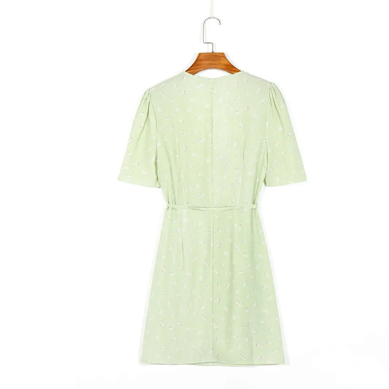 

Summer women's dress casual flower print V-neck short-sleeved belt decoration dress Vestidos