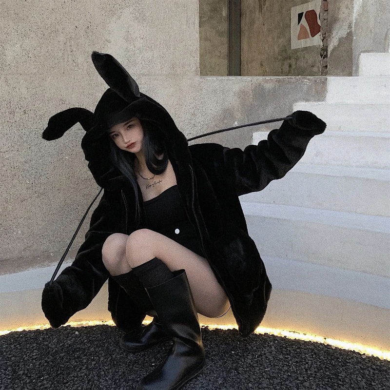 Zip Up Jacket Jacket Women Lolita Teddy Rabbit Ears Hooded Soft Girl Ruffle Faux Wool Coat Lambswool Plus Cotton Thick Outer New