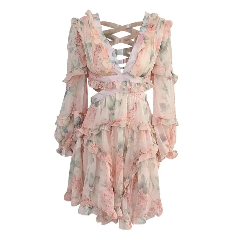

Sexy Beach Boho Dress Women Sexy V Neck Hollow Out Ruched Ruffles Floral Printed Party Vacation Chic Summer Dresses 2021 Clothes