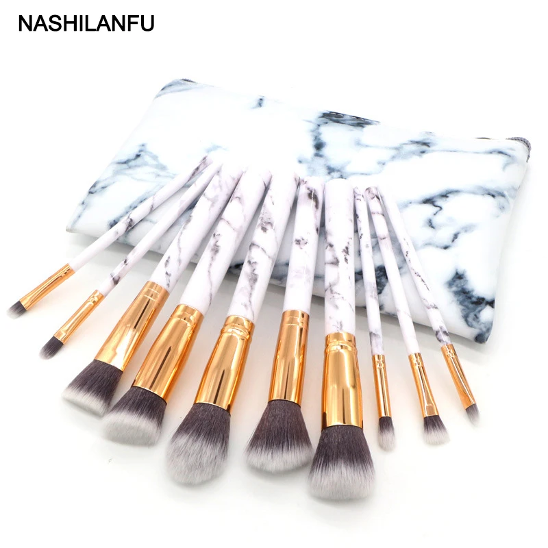

10pcs Marble Makeup Brushes Tool Set Cosmetic Powder EyeShadow Foundation Blush Blending Beauty Make Up Brush with PU bag holder