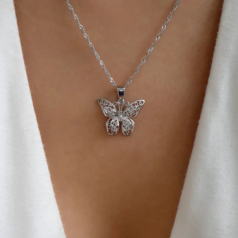 

Fashion Women's Necklace Crystal Loukong Butterfly Pendant Necklace Zircon Double Butterfly Pendant Jewelry Party Collar Gift