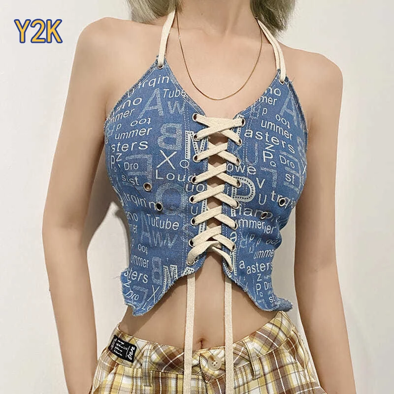 

Y2k New 2022 Sexy Fashion Party Halter Letter Tank Camis Corset Off Shoulder Bustier Beautiful Back Top Women Clothing