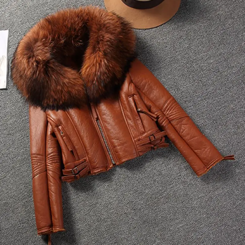 

Women Sheepskin Genuine Leather Lady Real Raccoon Fur Collar Coat New Fashion Female Outwear Short Casual Zipper Plus Size Coat