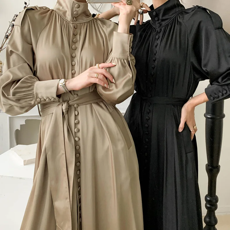 

Elegant spring DesignTurtleneck gloss dress womens single-breasted lace-up waist lantern sleeve midi dress Lady long dress