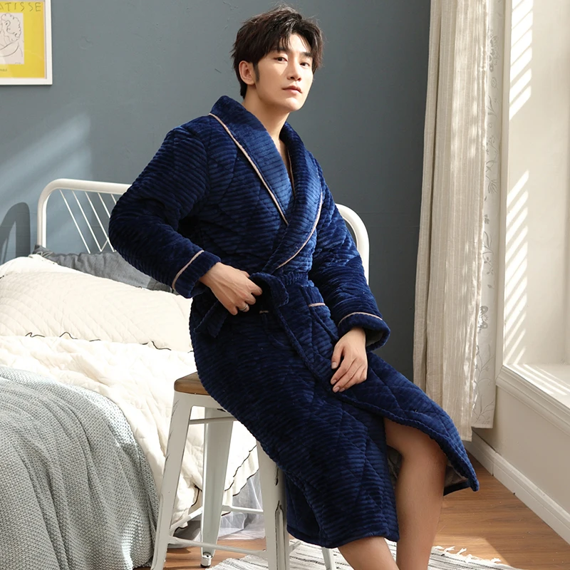 

New Arrival Autumn Winter Thick Warm Men Bathrobe Long Sleeve Mens Kimono Robe Casual Soft Plus Size L-3XL Male Long Robes