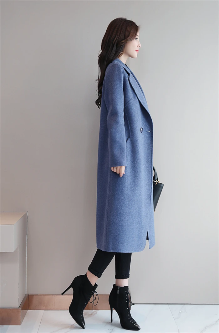Women Woolen Coat Autumn Winter New Double-breasted Long Sleeve Loose Coats Turn-Down Collar Outwear Plus Size S~3XL