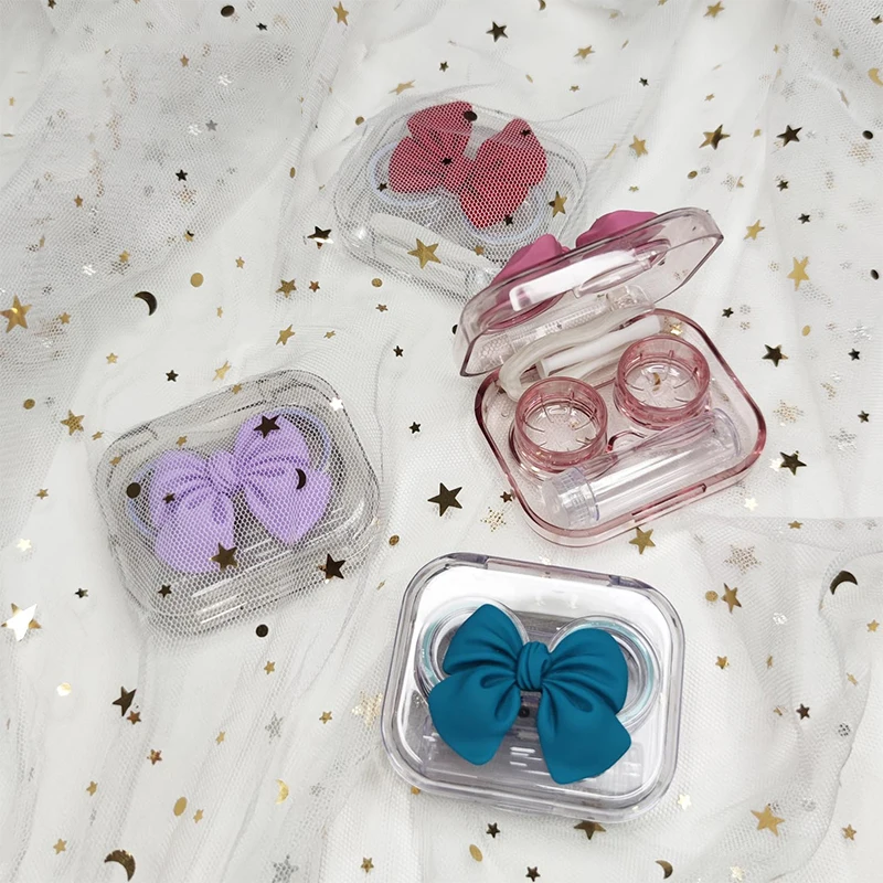 

New Mini Square Contact Lens Case With Mirror Women Plastic Transparent Bow Eyes Contact Lens Container Lovely Travel Kit Box