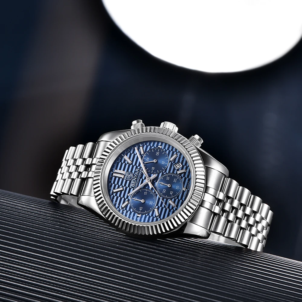 Мужские водонепроницаемые кварцевые часы-хронограф из нержавеющей стали -