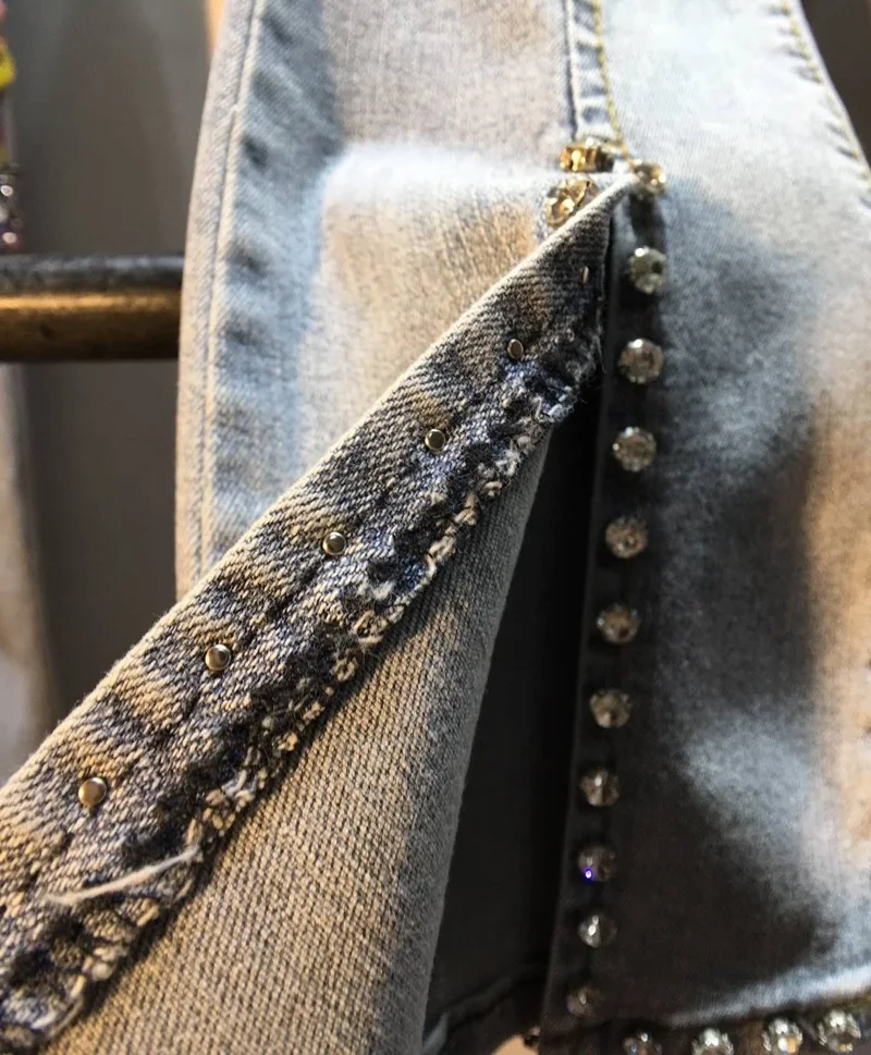 

2021 Spring/Summer New Denim Pants Slit Flared Jeans Beaded High Waist Trousers Slimming Ankle-Length Female Bottom Denim Jeans