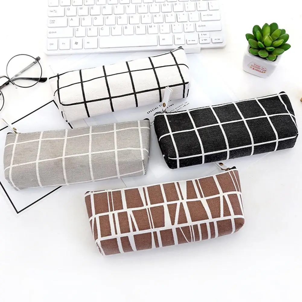 

Simple Striped Plaid Canvas School Pencil Case Stationery Storage Zipper Bag