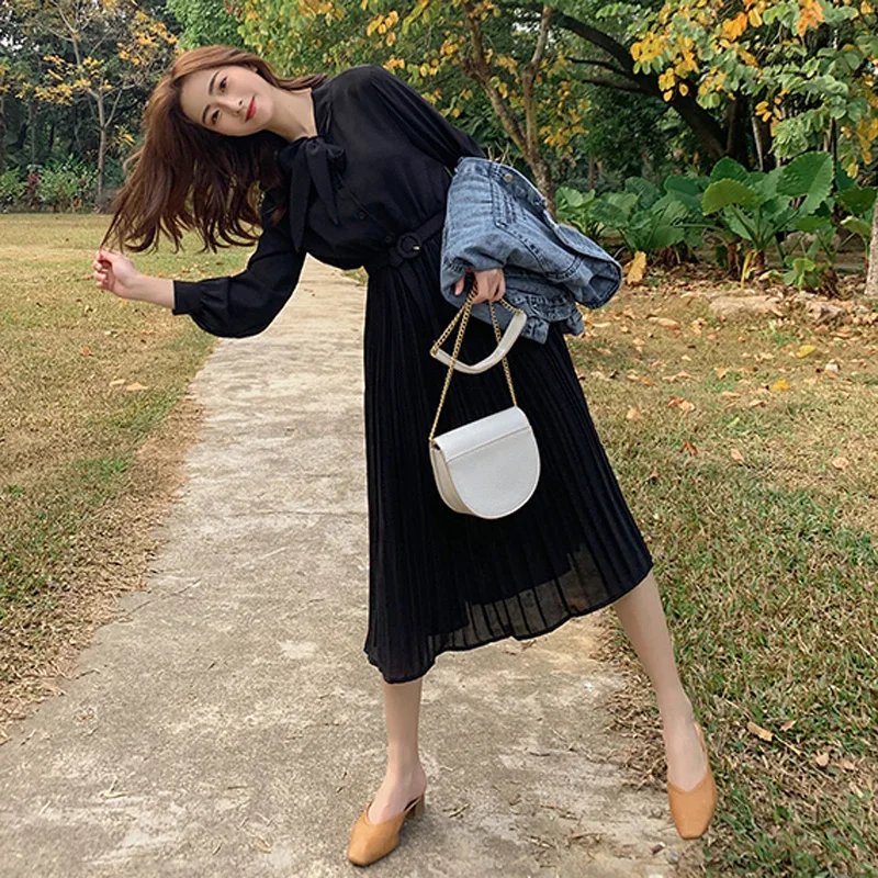 Женское винтажное однобортное платье-трапеция с бантом на шее поясом и высокой