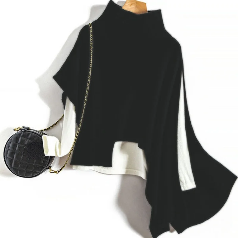 

Asymmetrical Black Women T-Shirts Turtleneck Loose Batwing Sleeved Casual All Match Female Pulls Outwear Coats Tops