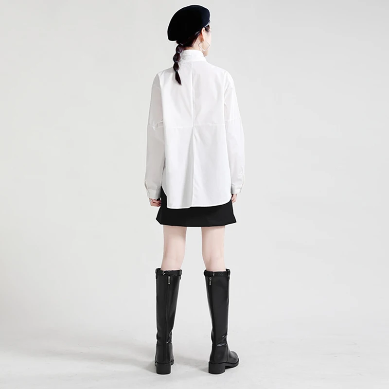 

[EAM] Women White Pocket Casual Big Size Blouse New Lapel Long Sleeve Loose Fit Shirt Fashion Tide Spring Autumn 2021 1DD7015