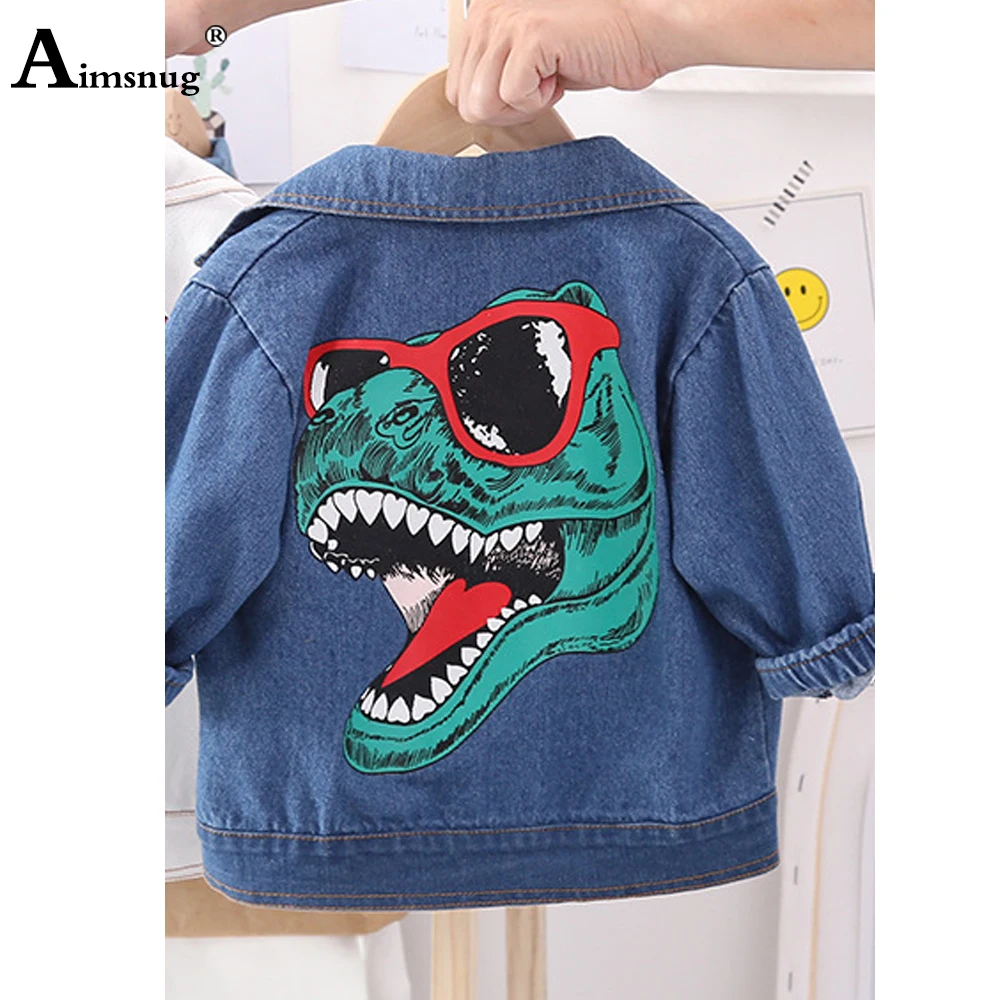 

Детская джинсовая куртка Aimsnug, куртка с принтом динозавра для мальчиков, осень 2021, однобортные свободные пальто, детские джинсы, джинсовый т...