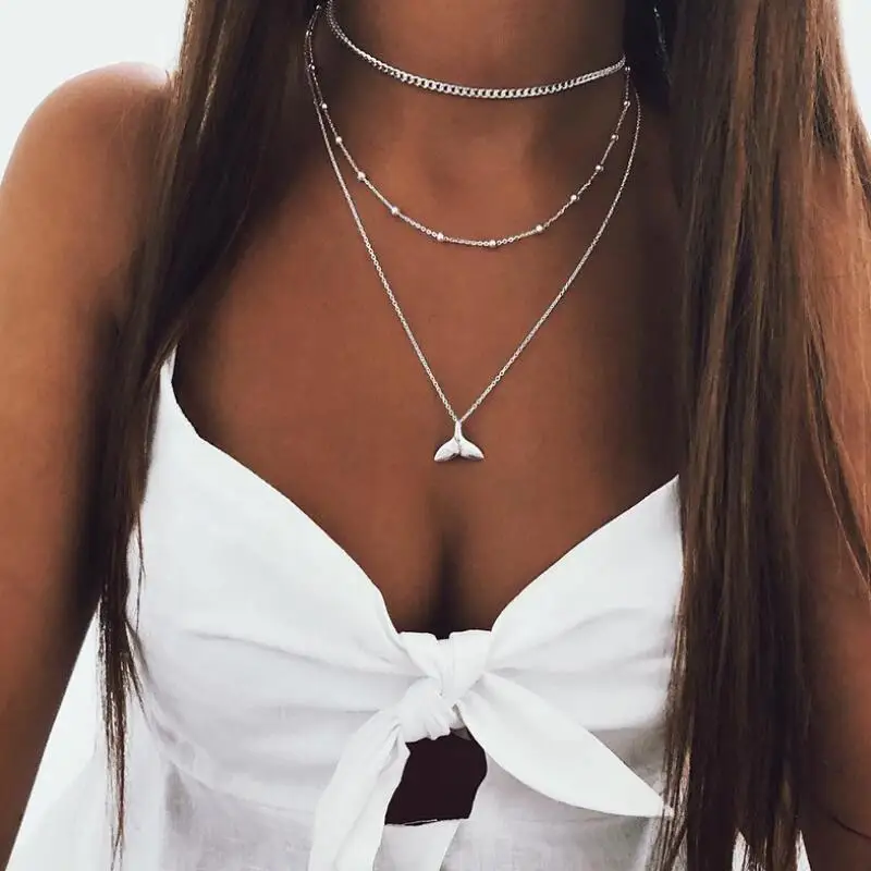 

Bohemian Women Multi Layered Dolphin Tail Pendant Necklace Fashion Silver Color Link Chain Choker Necklaces for Lover Collares