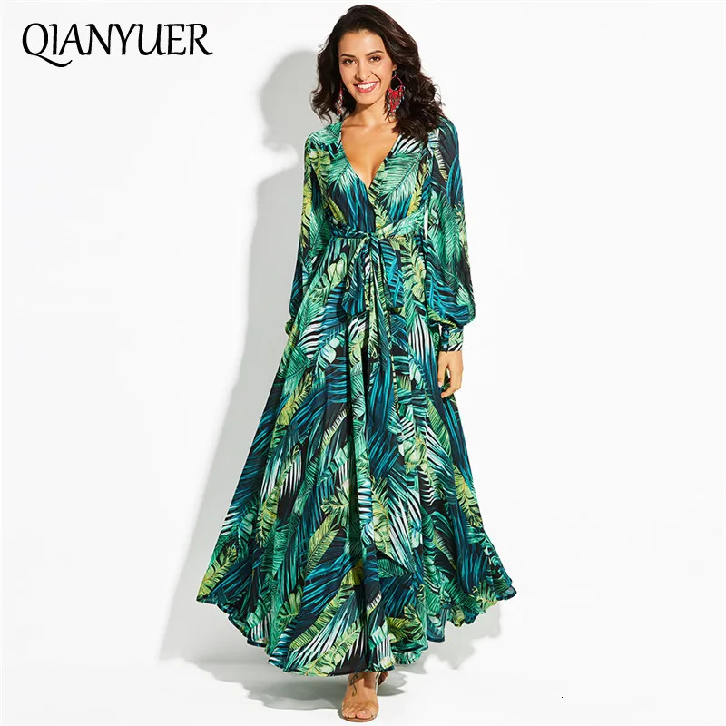 Платье с длинным рукавом зеленое Тропическое пляжное винтажное платье макси